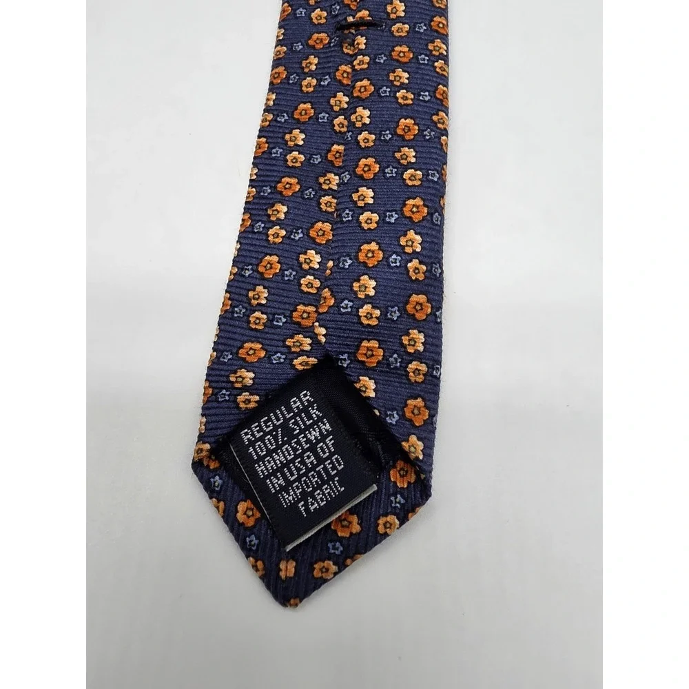 Lands' End Hand Sewn Vintage 100% Silk Neck Tie Blue Orange Floral 58